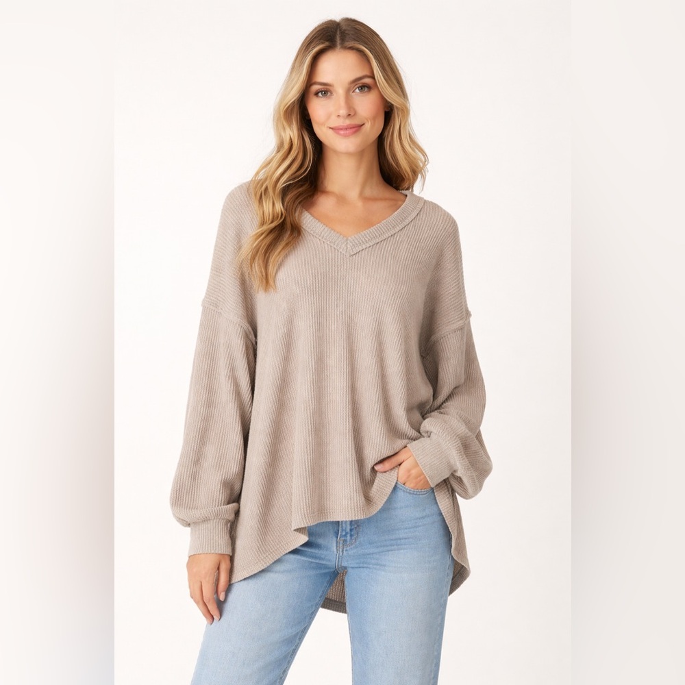 Altar’d State Oversized Waffle Knit V-Neck Pullover Neutral Boho Cozy Top XS